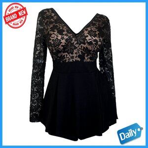 Lace Overlay Romper Dress Plus Size Elegant Sheer Sleeves Deep V-Neck